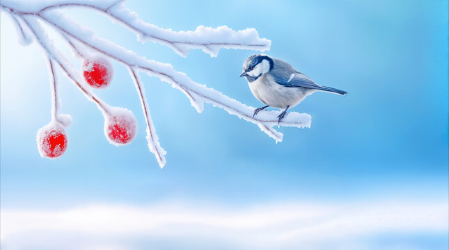 Great tit perched on snow-covered branch with red berries. Winter scene featuring Parus major in frost-covered garden during cold morning.