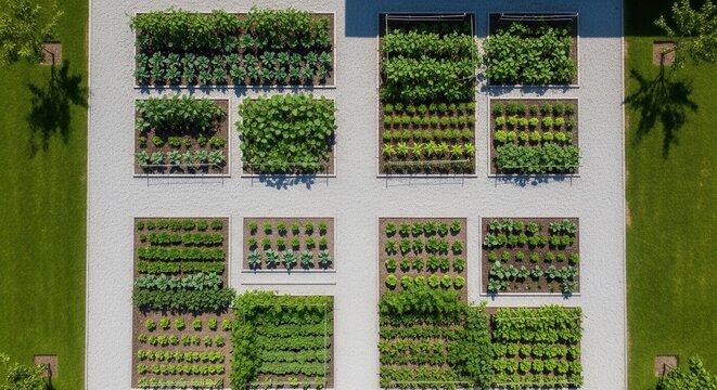 Exemplary Elevated Vegetable Garden Beds With Lush Greenery From Above