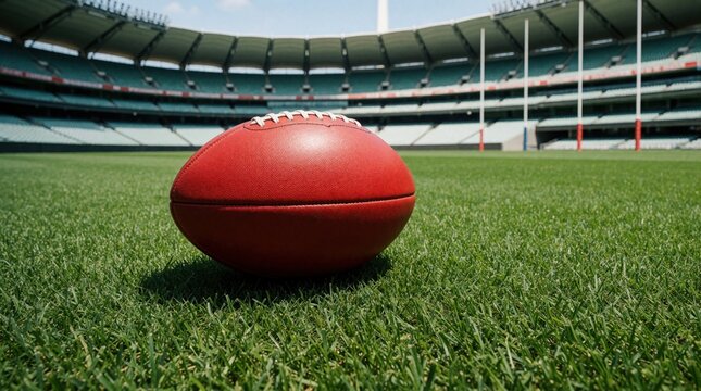 Red Australian Rules football rests on manicured green grass field. Empty stadium with seating and goal posts forms background under cloudy sky. Sports game setup.