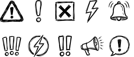 Set of hand drawn sketch style warning and alert icons isolated on a white background © rahim2.0