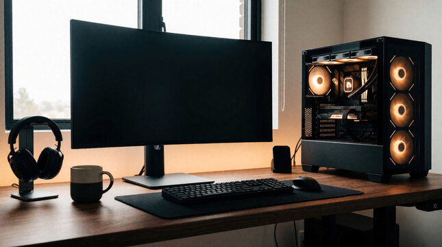 Modern wooden desk with large monitor and glowing custom computer tower. Includes keyboard mouse headphones and coffee mug. Ideal for gaming or home office setups.
