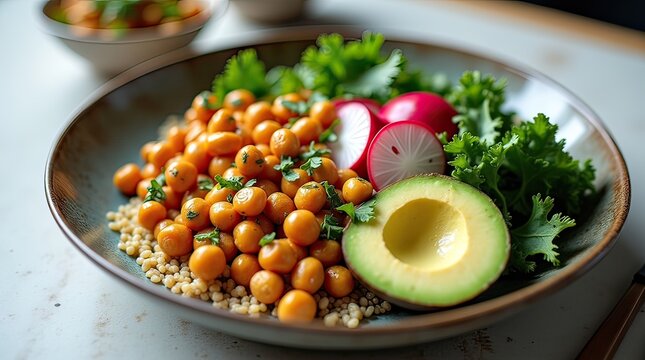 healthy vegan bowl with chickpeas avocado radish and fresh herbs on a white surface