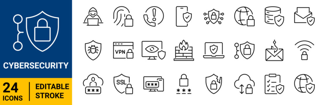 Set of 24 outline icons for Cybersecurity Linear icon collection. Blue duotone color. Editable Stroke. Vector illustration.