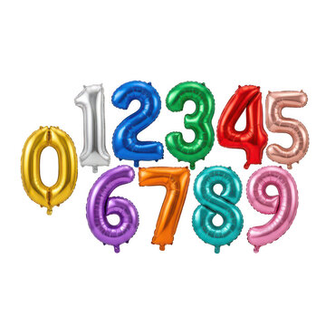 Colorful foil balloon numbers set 0-9. Vibrant metallic party balloons for birthday celebration and anniversary event. isolated PNG with Transparent Background
