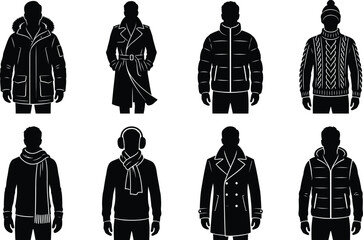 Winter clothes silhouettes for men, 8 male fashion icons in cold weather outerwear, black parka and coat vector set © Anas
