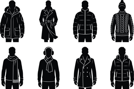Winter clothes silhouettes for men, 8 male fashion icons in cold weather outerwear, black parka and coat vector set