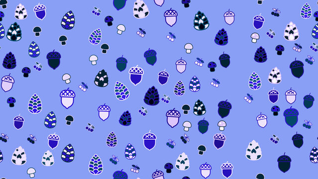 Seamless pattern of acorns, pine cones, mushrooms, and cherries