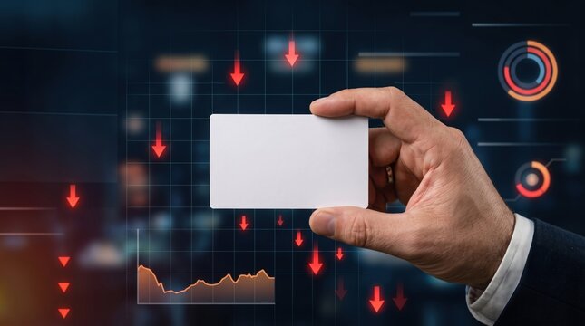Businessman holding a blank white card against a digital background with falling red arrows and financial charts representing a market crash or economic decline