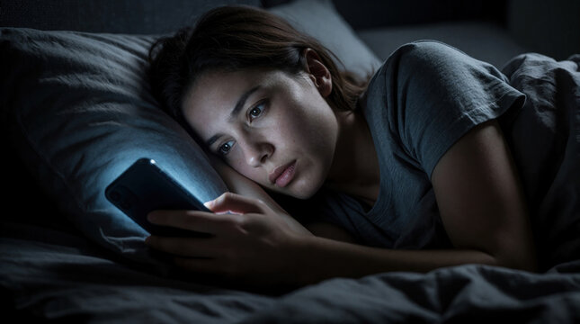 Woman in bed with smartphone at night. Blue light from screen causes sleep issues. Girl suffers from insomnia, anxiety, digital addiction, and stress.