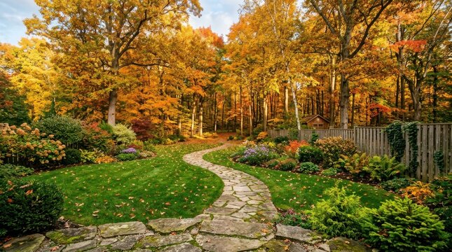 Autumn garden landscape with stone path winding through colorful fall trees and lush green lawn.
