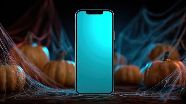 Smartphone mockup with pumpkins and cobwebs, Halloween digital display background, Seasonal tech product presentation