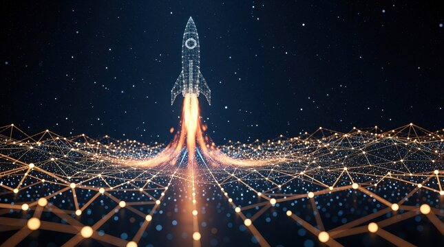 Digital rocket launches from glowing network of data lines in dark space. Abstract tech illustration shows startup growth, innovation through cyberspace connection. Glowing grid, stars create future