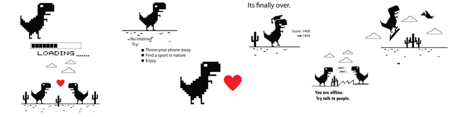 Pixel T-rex dinosaur offline game vector illustration set featuring loading bar graduation love hearts skateboard and funny no internet warning messages © Roksana393903