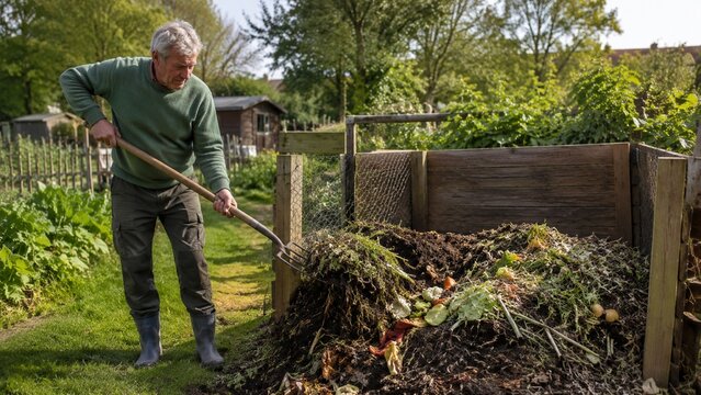 Senior pflegt einen Kompost im Kleingarten