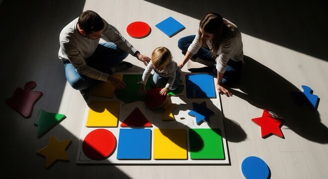 Family Learning Together Playing Educational Shapes Game With Child