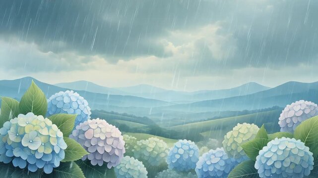 Dreamlike Hydrangea Garden in Gentle Rain, Animated Loop, Storybook Style Background with Copy Space
