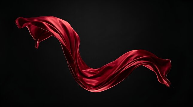 Red silk fabric flowing on black background. Elegant satin ribbon wave. Smooth glossy textile swatch. Luxurious crimson cloth in motion. Dramatic lighting texture.