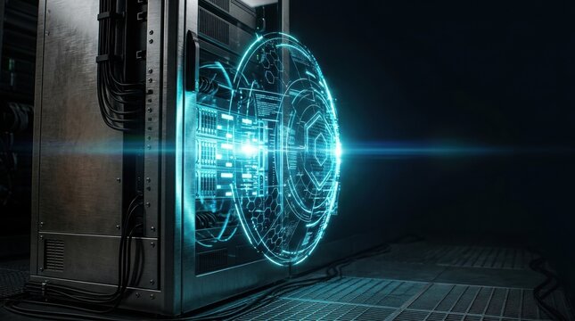 Cybersecurity operations monitoring interface displaying Holographic barrier shielding server racks for threat defense
