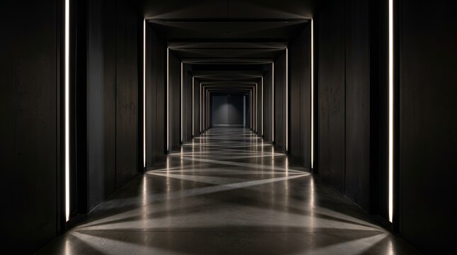 Abstract 3d rendering of a futuristic dark endless corridor with sleek black walls and glowing neon LED light strips on reflective glossy floor, creating perspective