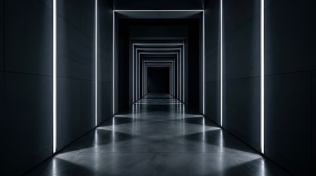 Minimalist dark futuristic corridor with white striped lights. Modern abstract architecture interior hallway. Sleek black glossy floor and neon LED strip illumination. Sci-fi tunnel concept