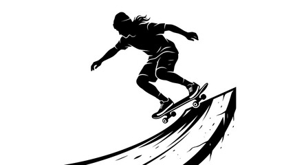 Fototapeta premium Silhouette Skateboarder Performing Trick on Ramp