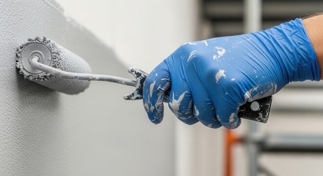 Gloves And Roller Painting A Textured Wall White