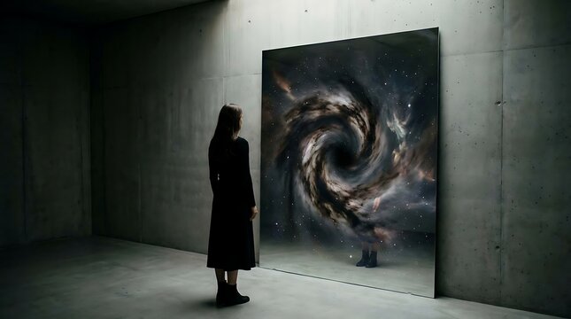 A woman stares intently at a giant mirror displaying a swirling cosmic galaxy in a dim concrete room showing the vast mystery of the universe reflecting deep space concepts within an indoor