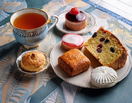 afternoon tea service with various sweet pastries a slice of pound cake and a cup of warm tea on a patterned tablecloth