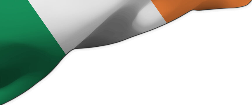 Waving flag of Ireland on white background with copy space, 3D illustration
