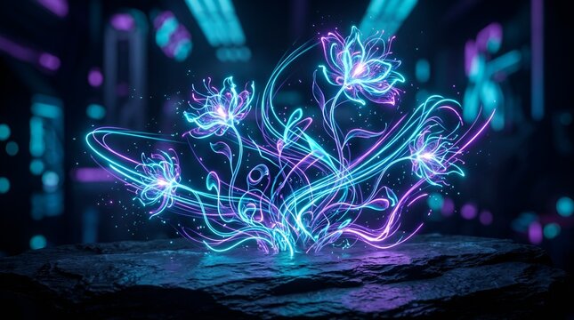 Neon flowers, glowing digital flora, abstract cyan and purple light art, futuristic nature design, bioluminescent cyber plants, luminous botanical swirls, synthwave aesthetic concept