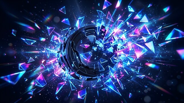 Abstract blue neon geometric background. Futuristic fragmented crystal burst. Glowing 3D polygon concept. Digital sci-fi interface element.