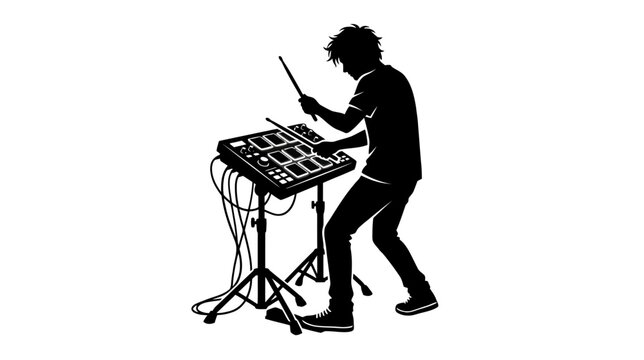 Silhouette Musician Playing Drum Pad Controller - Electronic Beat Making