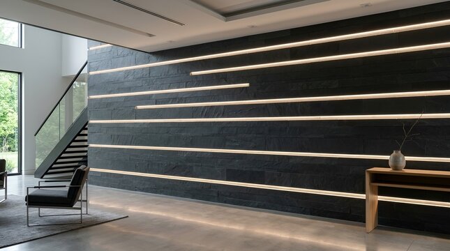Horizontal LED light strips on dark black wall, modern interior home decor, contemporary hallway design, elegant living room lighting, luxury residential architectural interior