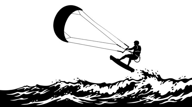 Silhouette of a kitesurfer jumping over a wave on a bright white background
