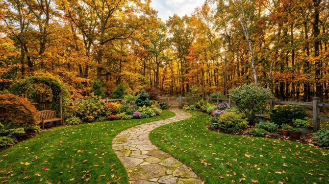 Idyllic stone walkway through tranquil autumn backyard garden with wooden bench.