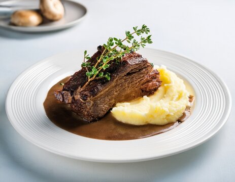 braised beef short rib served with mashed potatoes mushroom gravy and fresh thyme on a white plate