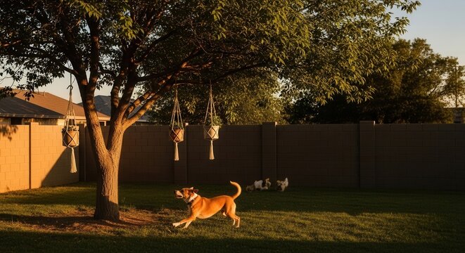 Golden Hour Backyard Playtime With Energetic Dog And Chickens