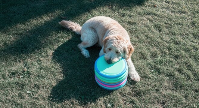 Golden Doodle Dog Relaxing On Grass With Stack Of Colorful Frisbees