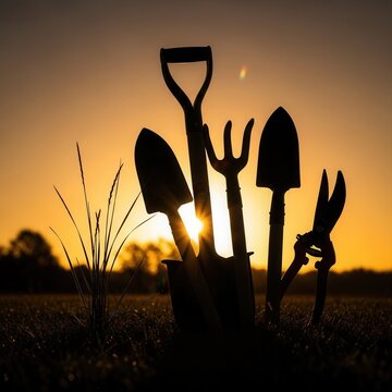 Golden Hour Gardening Tools Silhouette With Vibrant Sunset Sky