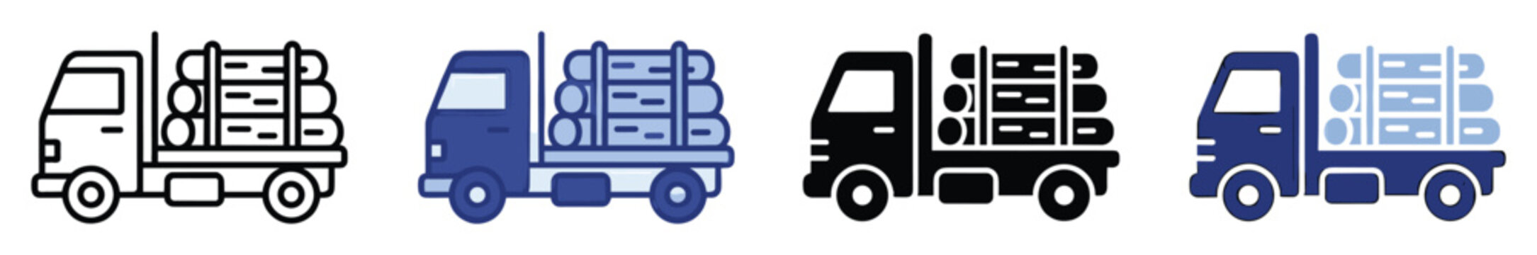 Logging truck icons set depicting timber transport vehicles in various styles including outline solid and color variations for industrial use