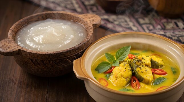 Traditional Eastern Indonesian Papeda Sago Porridge and Savory Yellow Fish Soup