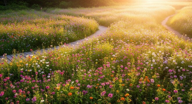 Golden Hour Pathway Through A Vibrant Meadow Of Wildflowers