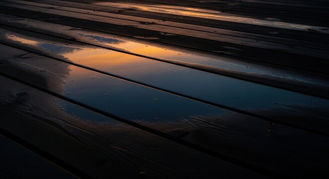 Golden Hour Reflection On Wet Wooden Decking At Dusk
