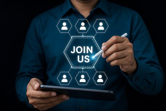 Person pointing at digital join us interface with user icons on tablet