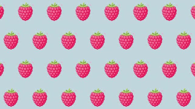 Seamless loop raspberry fruit pattern background on light blue