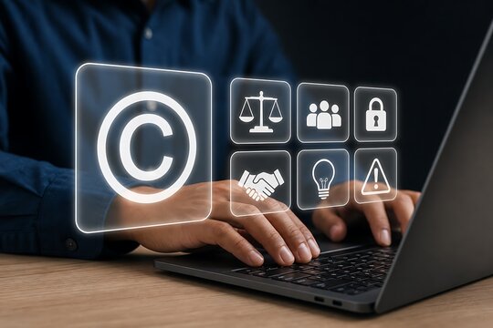 Person working on laptop with digital copyright and security icons