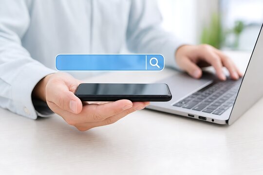 Person using smartphone with search browser open on a wooden desk near laptop