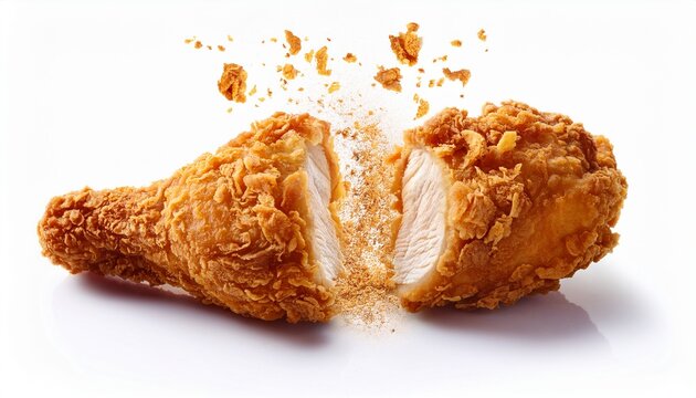crispy golden brown fried chicken tender broken in half revealing juicy white meat with flying crumbs isolated on white background
