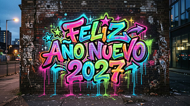 Feliz ano nuevo 2027 neon graffiti sign on brick urban wall with graffiti art