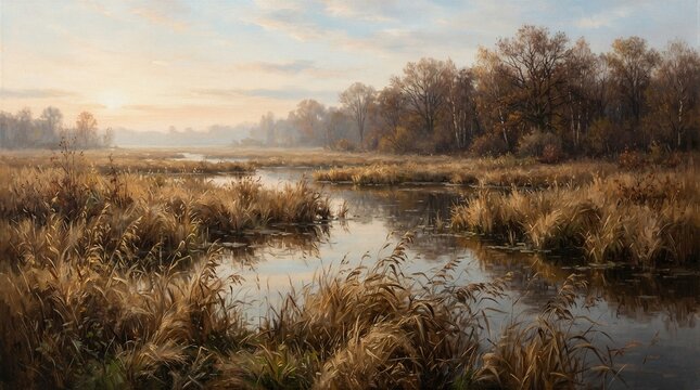 Golden sunrise over a misty wetland landscape with tall dry reeds and autumn trees autumn marsh misty morning river bank golden light swamp scenery nature scene wilderness